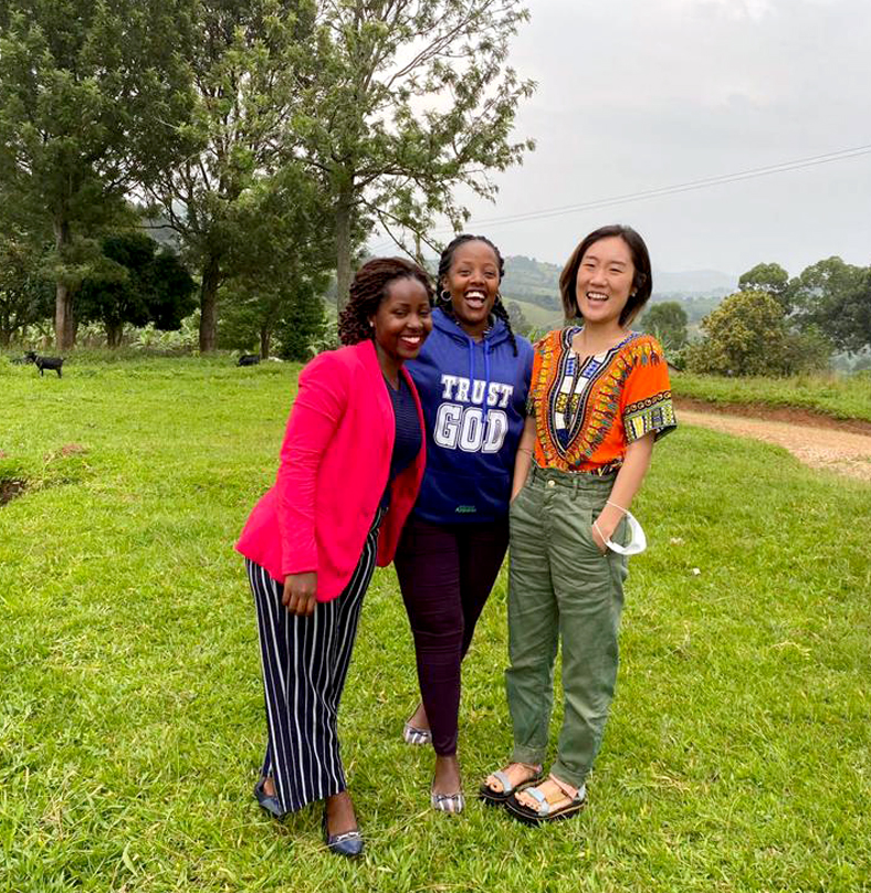 HaEun Lee with community research leaders Angella Tushabe and Christian Atuhaire in the Mbarara region of Uganda