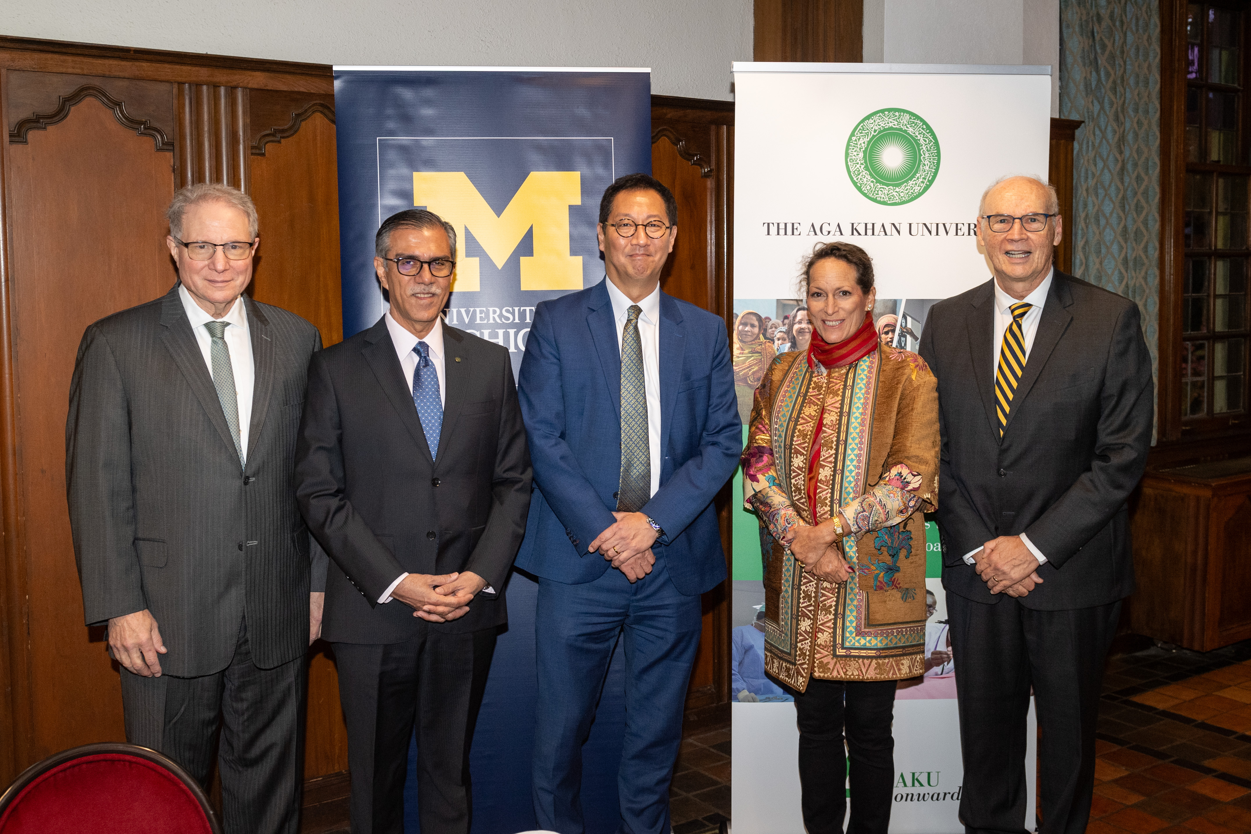 U-M President Santa Ono (center) welcomed the delegation from Aga Khan University to the Ann Arbor, Michigan campus. From L to R, Carl Amrhein, Provost of AKU; Sulaiman Shahabuddin, President of AKU; Princess Zahra Aga Khan; Joe Kolars, U-M Center for Global Health Equity.