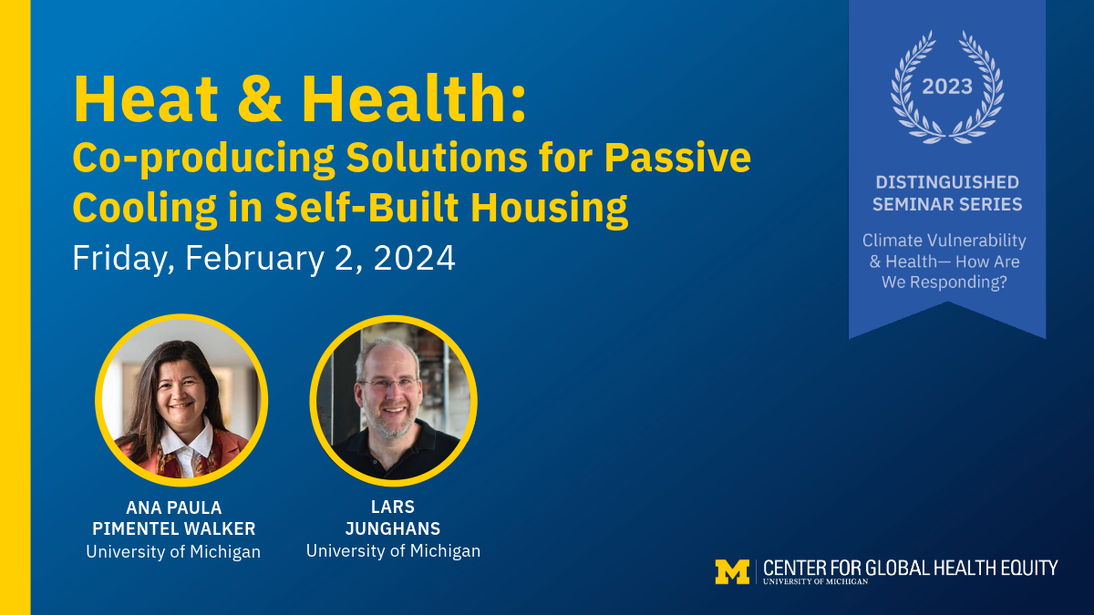 a social media graphic advertising the event. The graphic has a blue background and reads: Heat & Health: Co-producing solutions for passive cooling in self-built housing. 