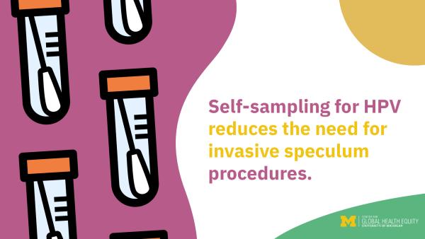 Graphic of self swab testing kits for HPV with text: Self-sampling for HPV  reduces the need for invasive speculum procedures. 