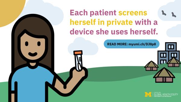 Graphic of woman outside holding self swab test with text: Each patient screens herself in private with a device she uses herself. 