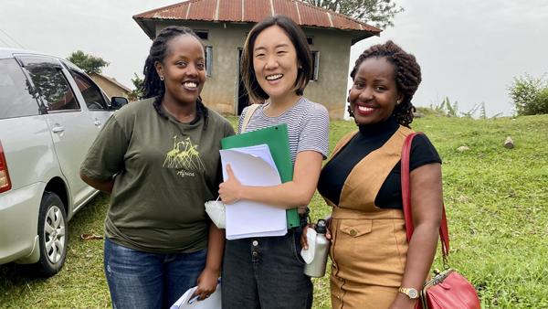 HaEun Lee with community research leaders Angella Tushabe and Christian Atuhaire preparing to facilitate focus group discussions in the Mbarara region of Uganda