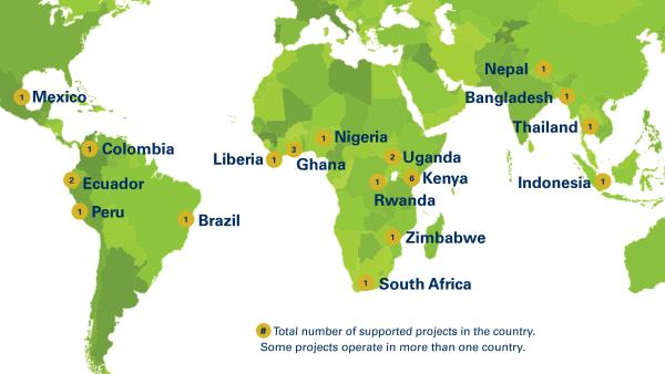 Global map showing project locations and countries for Center for Global Health Equity, University of Michigan