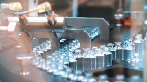 Vaccine vials in a manufacturing lab