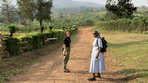 Lee with Sister Dr. Priscilla Busingye—obstetrician and gynecologist and fistula surgeon at Saint Francis Hospital in Nsambya, Uganda—on a site visit to a camp that provides free postpartum surgical procedures, Nsambya, Uganda