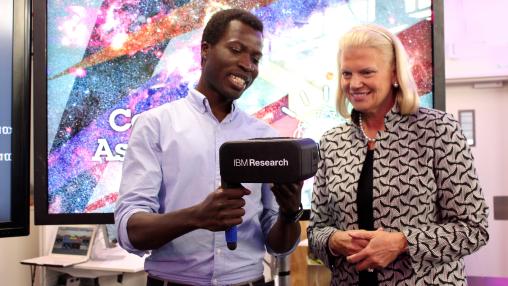 Geoffrey Siwo at the official launch of the IBM Research Africa lab in Johannesburg, South Africa, with Ginny Rometty, then IBM Chair and CEO